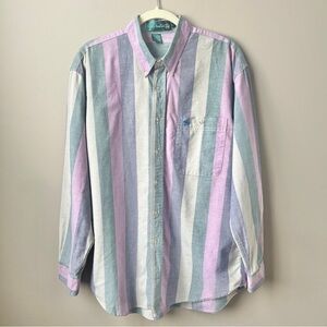 Vintage Oxford Shirt Men's Large Stripes Lavender Purple Green Preppy Cotton Top